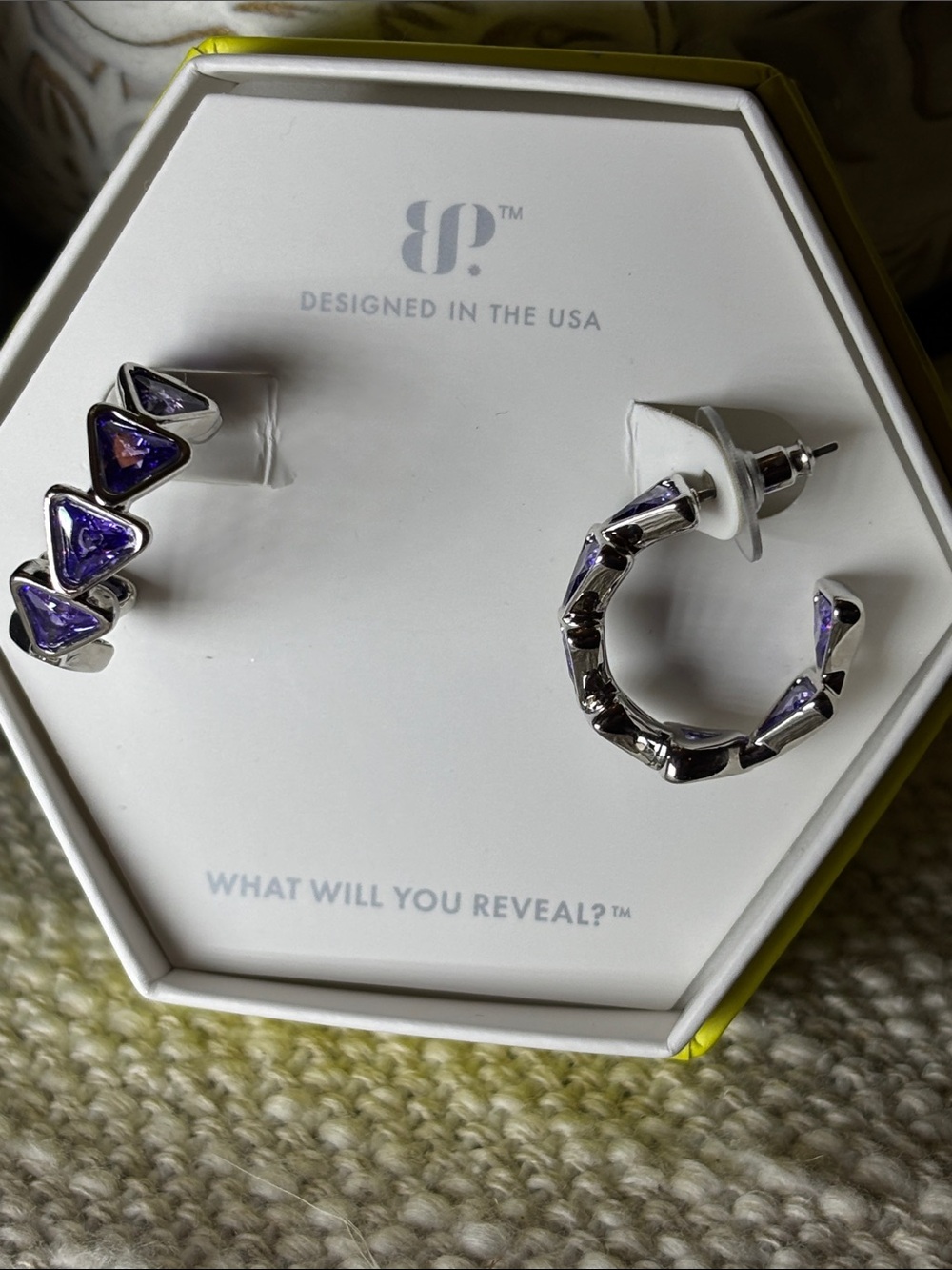 Silver Hoop Earrings with Purple Triangle Accents - Designed in the USA